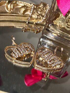 Juicy Couture Gold and Clear Crystal Heart Drop Earrings